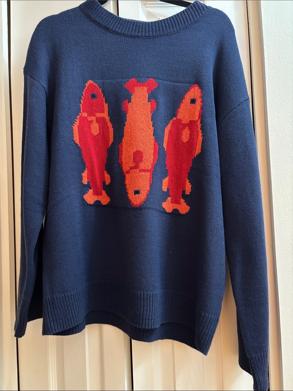 Navy Crewneck Sweater with Orange Fish Motif